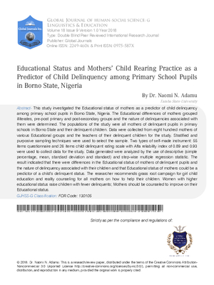 Educational Status and Mothers2019; Child Rearing Practice as a Predictor of Child Delinquency among Primary School Pupils in Borno State, Nigeria