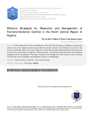 Effective Strategies for Resolution and Management of Farmers-Herdsmen Conflict in the North Central Region of Nigeria