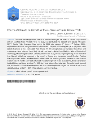 Effects of Climate on Growth of Rice (Oriza Sativa) in Greater Yola