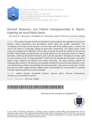Electoral Democracy and Political Entrepreneurship in Nigeria: Exploring the Social Media Option