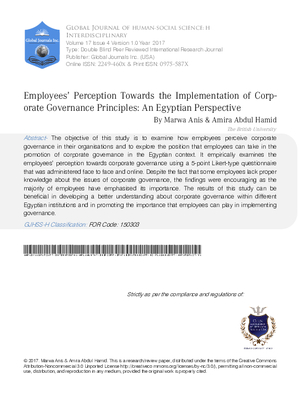 Employees Perception towards the implementation of Corporate Governance Principles: An Egyptian Perspective