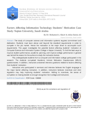 Factors Affecting Information Technology Studentsa Motivation; Case Study: Najran University, Saudi Arabia