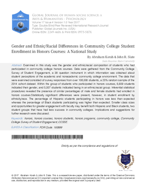 Gender and Ethnic/Racial Differences in Community College Student Enrollmentin Honors Courses: A National Study