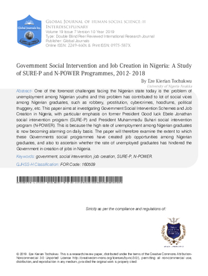 Government Social Intervention and Job Creation In Nigeria: A Study of Sure-P and N-Power Programmes, 2012- 2018