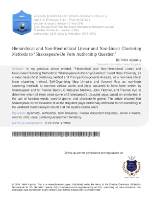 Hierarchical and Non-Hierarchical Linear and Non-Linear Clustering Methods to aoShakespeare-De Vere Authorship Question