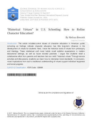 Historical Virtues in U.S. Schooling: How to Refine Character Education?