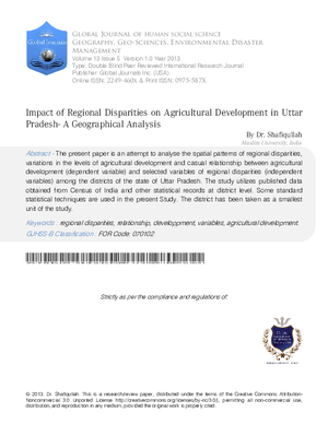 Impact of Regional Disparities on Agricultural Development in Uttar Pradesh- A Geographical Analysis