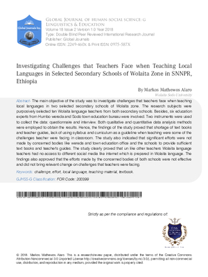 Investigating Challenges that Teachers Face when Teaching Local Languages in Selected Secondary Schools of Wolaita Zone in SNNPR Ethiopia