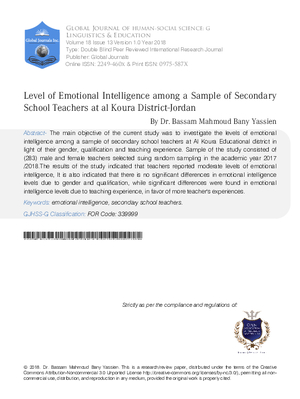 Level of Emotional Intelligence among a Sample of Secondary School Teachers at Al Koura District- Jordan