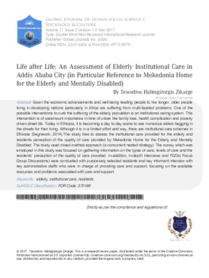 Life after Life: An Assessment of Elderly Institutional Care in Addis Ababa city (in particular reference to Mekedonia Home for the Elderly and Mentally Disabled)