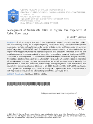 Management of Sustainable Cities in Nigeria: The Imperative of Urban Governance