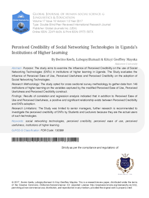 Perceived Credibility of Social Networking Technologies in Ugandas Institutions of Higher Learning