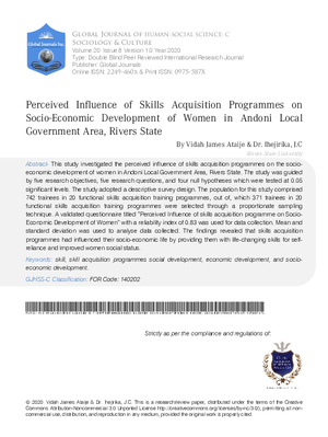 Perceived Influence of Skills Acquisition Programmes on Socio-Economic Development of Women in Andoni Local Government Area, Rivers State
