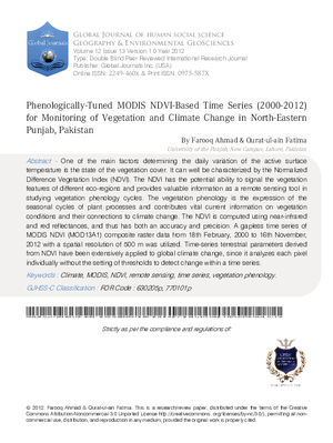 Phenologically-Tuned MODIS NDVI-Based Time Series  (2000-2012) For Monitoring Of Vegetation and Climate Change in North-Eastern Punjab, Pakistan