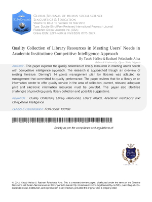 Quality Collection of Library Resources in Meeting Usersa Needs in Academic Institutions: Competitive Intelligence Approach