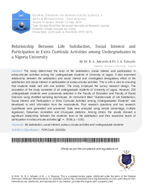 Relationship between Life Satisfaction, Social Interest and Participation in Extra Curricula Activities among Undergraduates in a Nigeria University