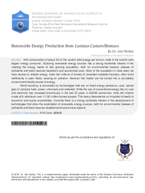 Renewable Energy Production from Lantana Camara Biomass