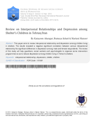 Review on Interpersonal Relationships and Depression among Shelteras Children in Tehran/Iran