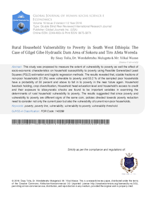 Rural Household Vulnerability to Poverty in South West Ethiopia: The Case of Gilgel Gibe Hydraulic Dam Area of Sokoru and Tiro Afeta Woreda