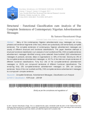 Structural-Functional Classification cum Analysis of the Complete Sentences of Contemporary Nigerian Advertisement Messages