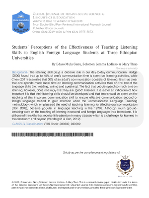 Students2019; Perceptions of the Effectiveness of Teaching Listening Skills to English Foreign Language Students at Three Ethiopian Universities