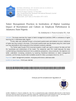 Talent Management Practices in Institutions of Higher Learning: Impact of Recruitment and Culture on Employee Performance in Adamawa State Nigeria