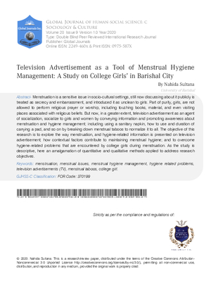Television Advertisement as A Tool of Menstrual Hygiene Management: A Study on College Girls' in Barishal City