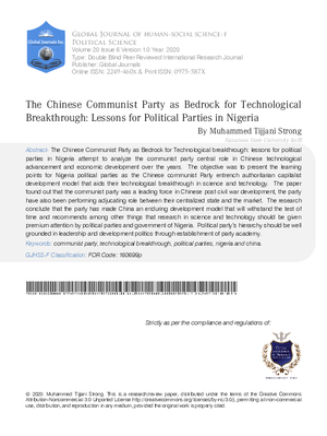 The Chinese Communist Party as a Bedrock For Technological Breakthrough: Lessons For Political Parties in Nigeria