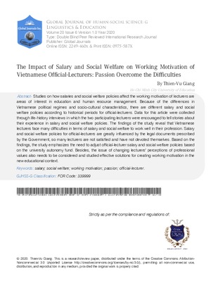 The Impact of Salary and Social Welfare on Working Motivation of Vietnamese Official-Lecturers: Passion Overcome the Difficulties
