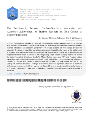 The Relationship between Student-Teachers Interaction and Academic Achievement of Trainee Teachers in Dilla College of Teacher Education