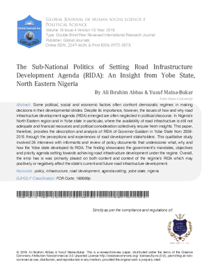 The Sub-National Politics of Setting Road Infrastructure Development Agenda (RIDA): An Insight from Yobe State, North Eastern Nigeria