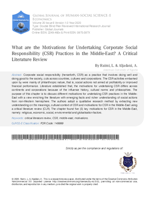 What are the Motivations for undertaking Corporate Social Responsibility (CSR) Practices in the Middle-East? A Critical Literature Review