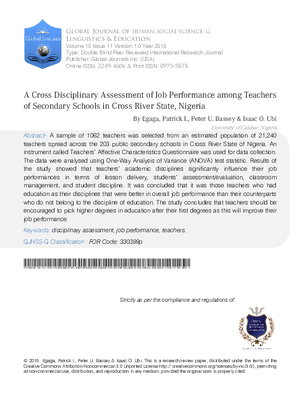 A Cross Disciplinary Assessment of Job Performance among Teachers of Secondary Schools in Cross River State, Nigeria