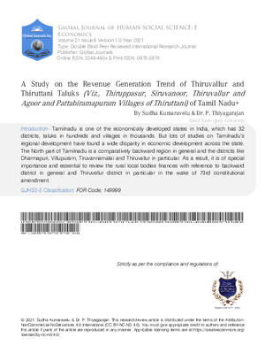 A Study on the Revenue Generation Trend of Thiruvallur and Thiruttani Taluks (Viz., Thiruppasur, Siruvanoor, Thiruvallur and Agoor and Pattabiramapuram Villages of Thiruttani) of Tamil Nadu+