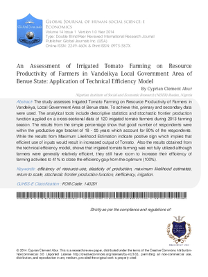 An Assessment of Irrigated Tomato Farming on Resource productivity of Farmers in Vandeikya Local Government Area of Benue State: Application of Technical Efficiency Model