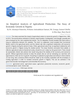 An Empirical Analysis of Agricultural Production: The Sway of Economic Growth in Nigeria