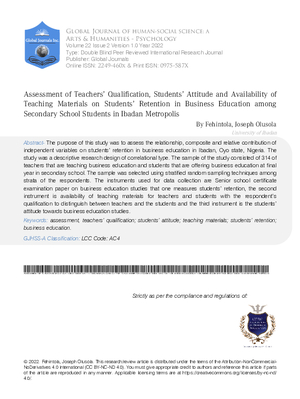 Assessment of Teachers2019; Qualification, Students2019; Attitude and Availability of Teaching Materials on Students2019; Retention in Business Education among Secondary School Students in Ibadan Metropolis