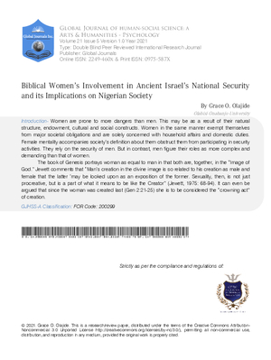 Biblical Women’s Involvement in Ancient Israel’s National Security and its Implications on Nigerian Society