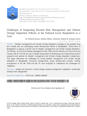 Challenges of Integrating Disaster Risk Management and Climate Change Adaptation Policies at the National Level: Bangladesh as a case