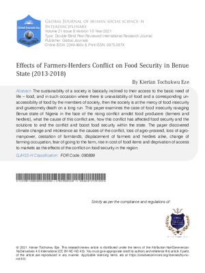 Effects of Farmers-Herders Conflict on Food Security in  Benue State (2013 2013; 2018)
