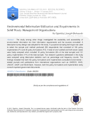 Environmental Information Utilization and Requirements In Solid Waste Management Organisations. (A Case Study of Oyo State, Nigeria).