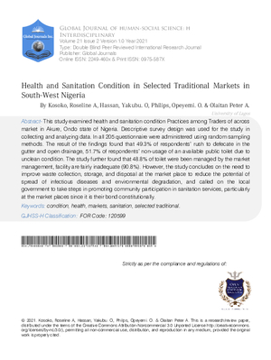 Health and Sanitation Condition in Selected Traditional Markets in South-West Nigeria
