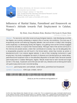 Influences of Marital Status, Parenthood and Housework on Womenas Attitude towards Paid Employment in Calabar, Nigeria