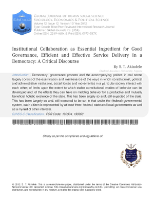 Institutional Collaboration as Essential Ingredient for Good Governance, Efficient and Effective Service Delivery in a Democracy: A Critical Discourse