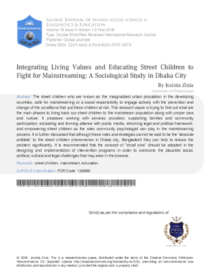 Integrating Living Values and Educating Street Children to Fight for Mainstreaming: A Sociological Study in Dhaka City