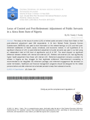 Locus of Control and Post-Retirement Adjustment of Public Servants in a Akwa Ibom State of Nigeria