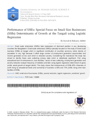 Performance of SMEs: A Special Focus on Small Size Businesses (SSBs) Determinants of Growth at the Tangail Using Logistic Regression