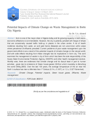 Potential Impacts of Climate Change on Waste Management in Ilorin city Nigeria