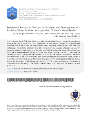 Professional Burnout in Workers in Nurseries and Kindergartens in a Southern Chilean Province: An Approach to Childrens Mental Health