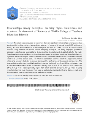 Relationshipsamong Perceptual Learning Styles Preferences and Academic Achievement of Students at Woldia College of Teachers Education, Ethiopia